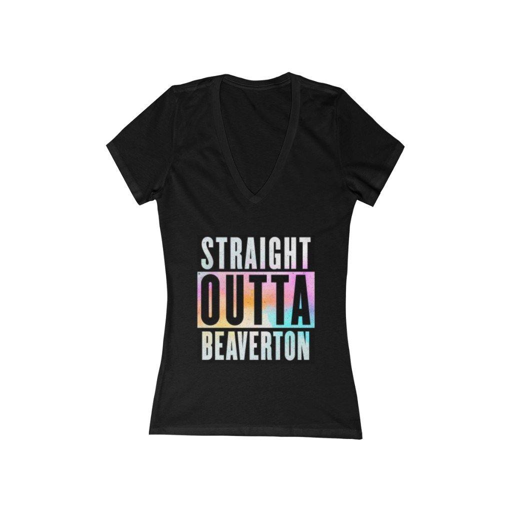 Straight Outta Beaverton Rainbow Women's Jersey Short Sleeve Deep V-Neck Tee - Munchkin Place Shop 
