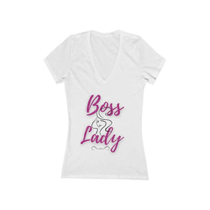 Boss Lady Women's Jersey Short Sleeve Deep V-Neck White Tee - Munchkin Place Shop 
