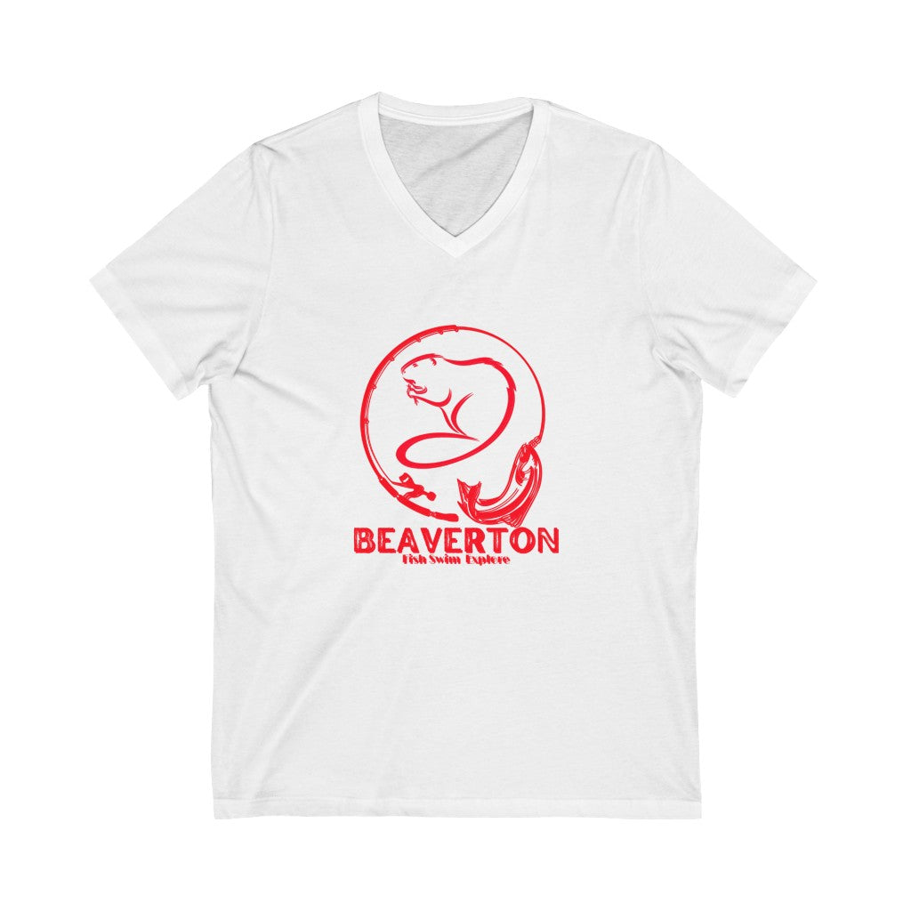 Beaverton Unisex Jersey Short Sleeve V-Neck Tee Red Design